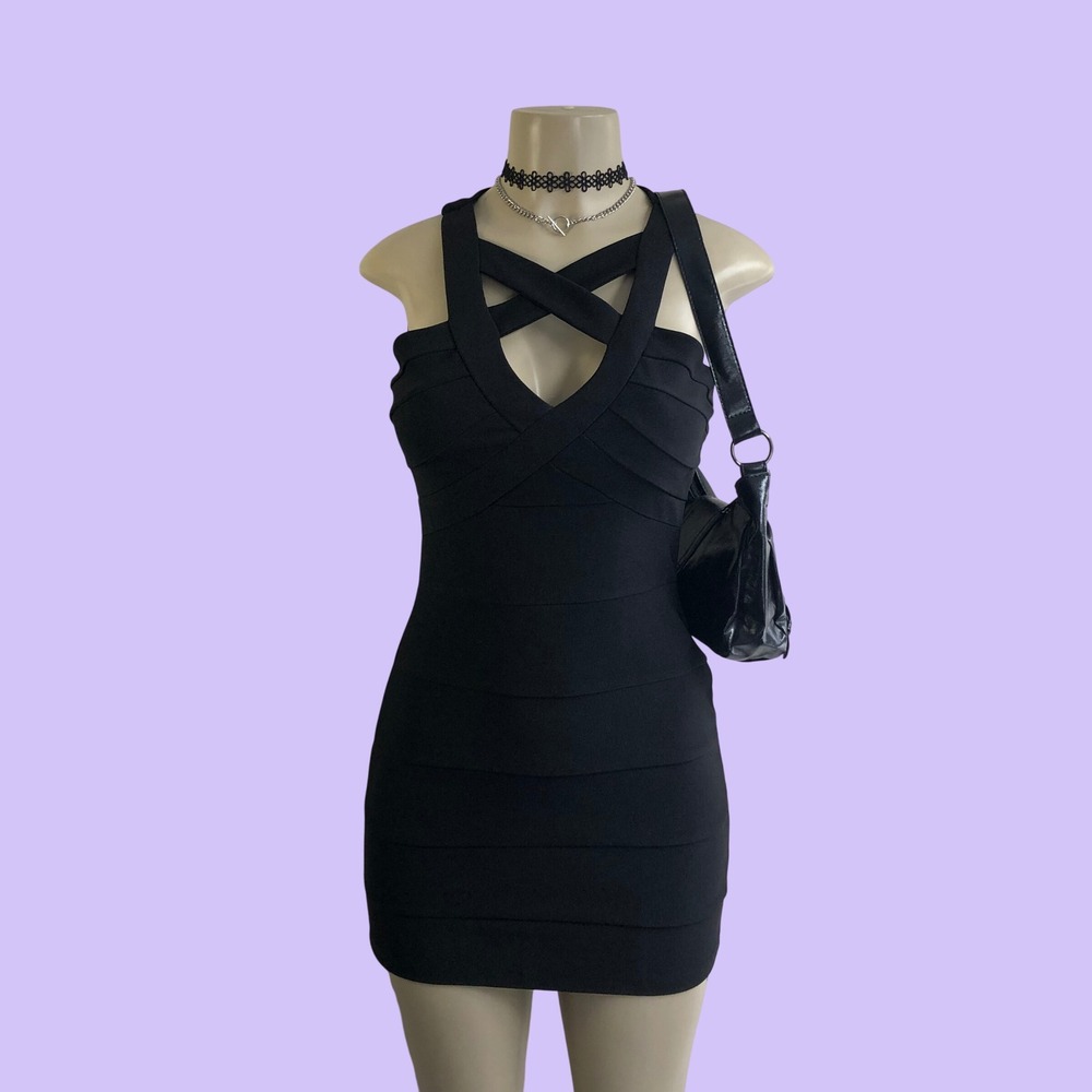 Vintage Y2K Ruby Rox Black Bandage Mini Dress Criss Cross Neckline Size 3 XS / S